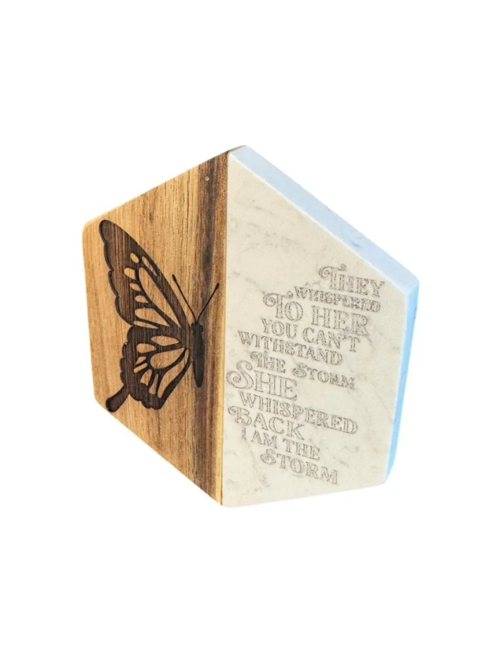 Inspirational Marble and Wood Hexagon Coaster with Butterfly Engraving